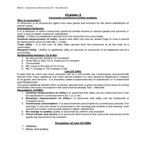Micro Economics class XI Consumer Equilibrium 