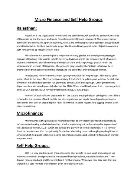 Micro finance and self help groups