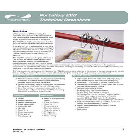 Micronics Clamp On Flow Meter Portaflow 220 - Spec Sheet