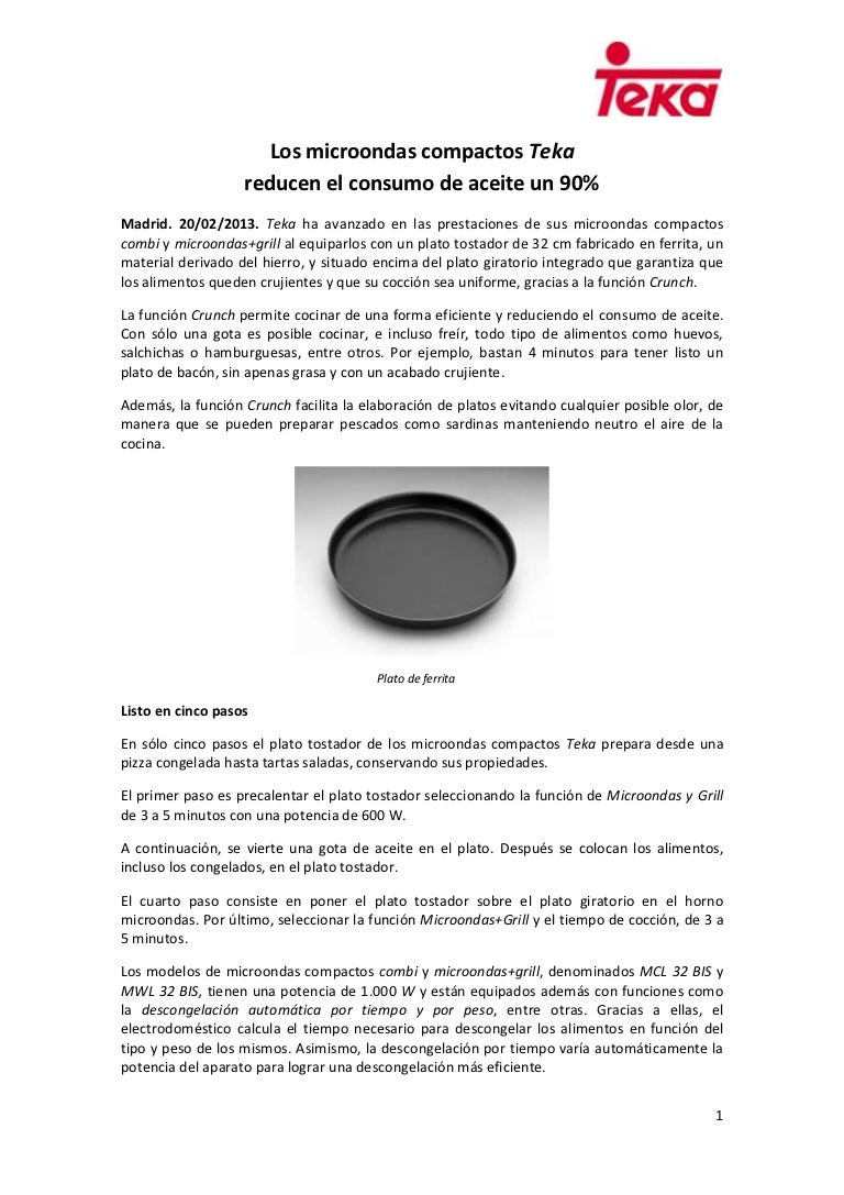 Los microondas compactos Teka reducen el consumo de aceite un 90%