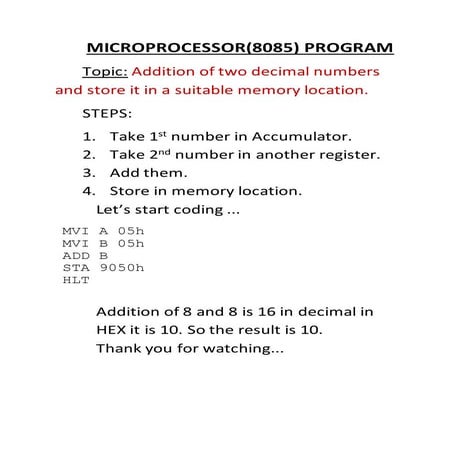 Microprocessor 8085 addition of two decimal number
