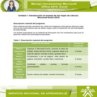 Microsoft office 2010 excel. unidad 1 