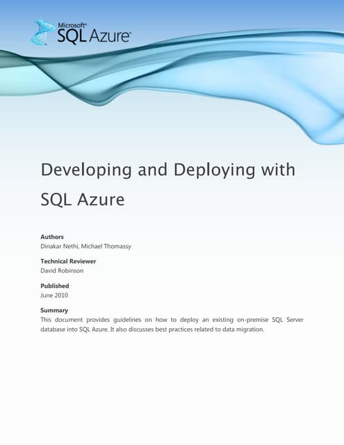 Microsoft SQL Azure - Developing And Deploying With SQL Azure Whitepaper