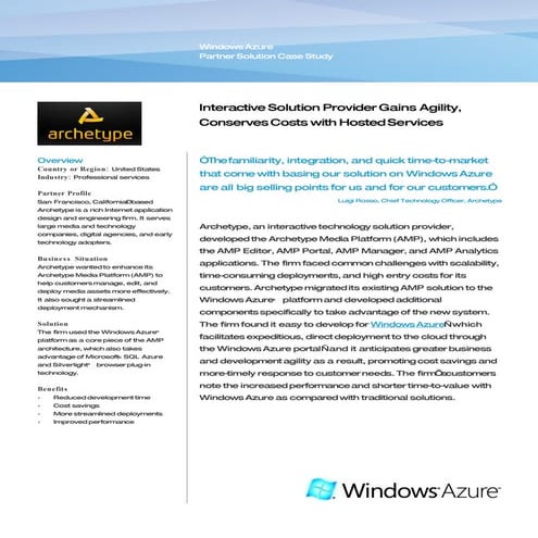 Microsoft Windows Azure - Archetype a Professional Services Company Conserves...