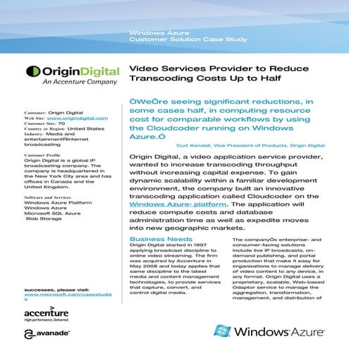 Microsoft Windows Azure - Origin Digital Media & Entertainment Reduce Transco...