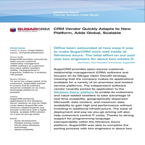 Microsoft Windows Azure - SugarCRM Computers Adds Global, Scalable Delivery C...