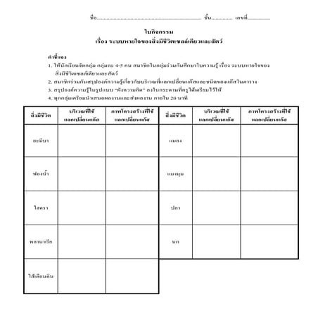 Microsoft word   ใบกิจกรรมระบบหายใจสิ่งมีชีวิตเซลล์เดียวและสัตว์