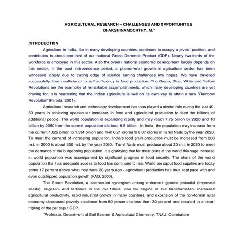 Agricultural Research - Opportunities and Challenges