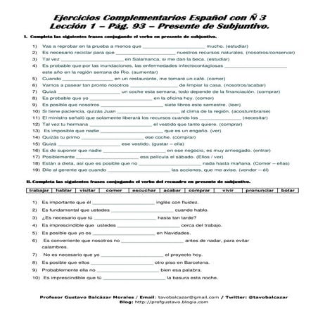 Ejercicios Complementarios Español - Presente de Subjuntivo