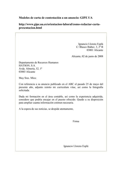Carta de presentación en respuesta a un anuncio