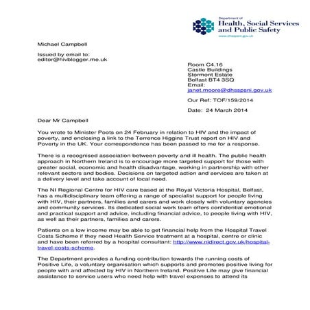 Response from NI Department of Health to my letter re HIV and Poverty ...