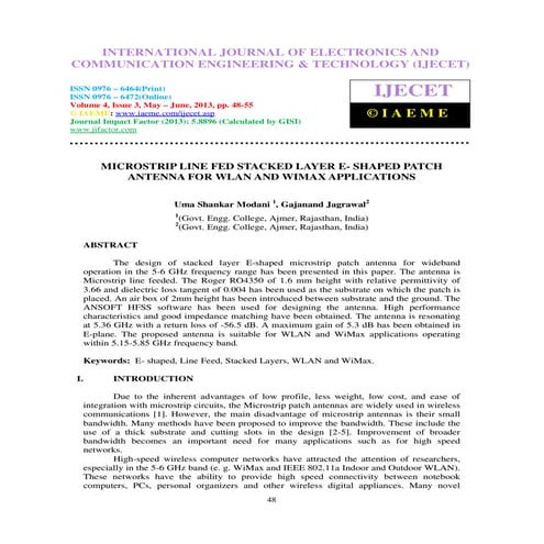 Microstrip line fed stacked layer e  shaped patch antenna for wlan