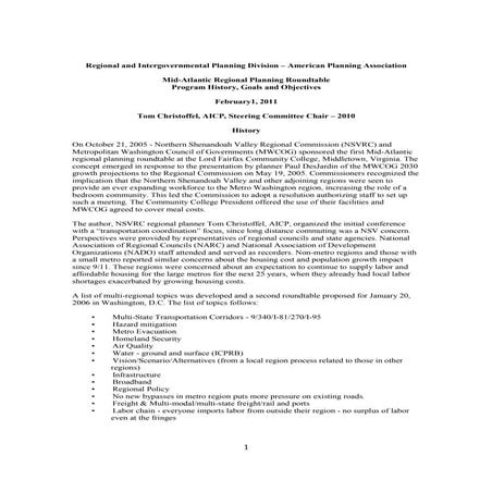 Mid-Atlantic Regional Planning Roundtable Program History, Goals and Objectives 