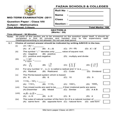 Mid term examination -2011 class viii