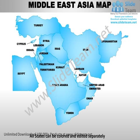 Middle east asia powerpoint editable continent map with countries templates s...
