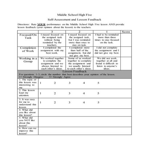 Middle School High Five Rubric 