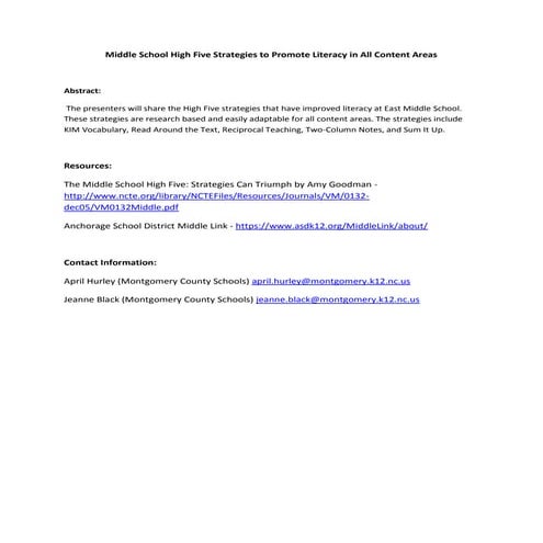 Middle School High Five Strategies to Promote Literacy in All Content Areas