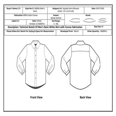 spec sheet of shirt
