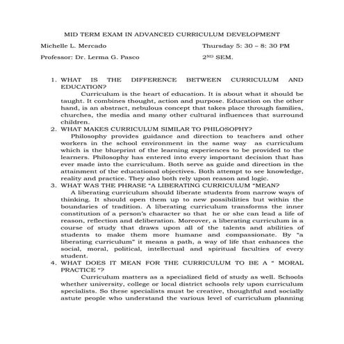 Mid term exam for advanced curriculum development