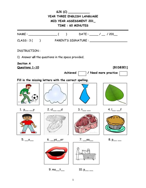 Year 3 Monthly Test 1 KSSR (Unit 1 - Unit 3)