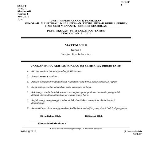 Mathematics Mid Year Form 5 Paper 1 2010