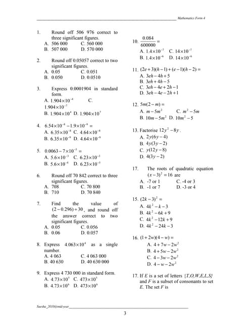 MATEMATIK TINGKATAN 4 LATIHAN BAB 1-6 MATEMATIK TINGKATAN 4 LATIHAN BAB 1-6