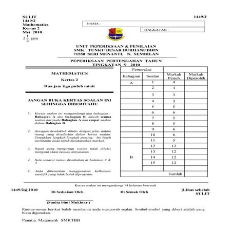 Mathematics Mid Year Form 5 Paper 2 2010