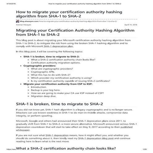 Migrating your certification authority hashing algorithm from sha 1 to sha-2
