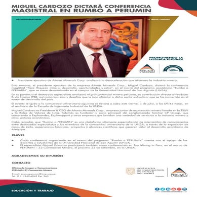 Miguel Cardozo dictará conferencia magistral en Rumbo a PERUMIN