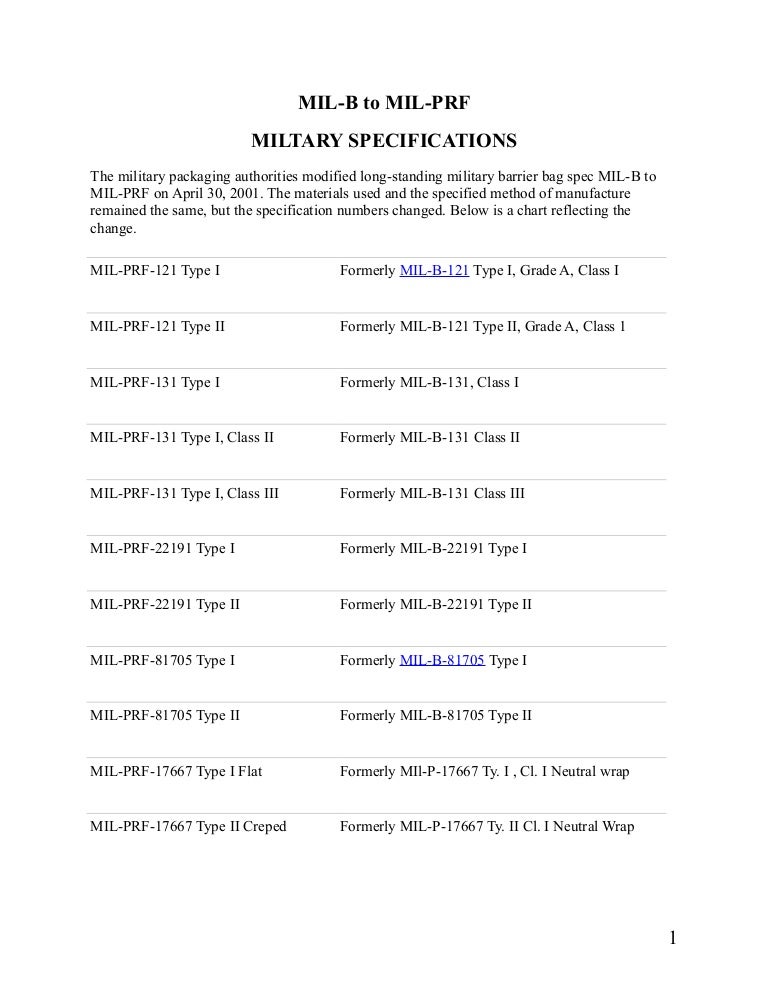 MILB to MILPRF (MILTARY SPECIFICATIONS)