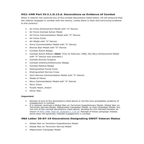 Department of Veterans Affairs - VA - Military Decorations as Evidence