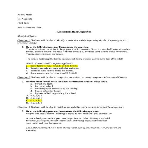 Key Assessment- Assessment Item Objectives