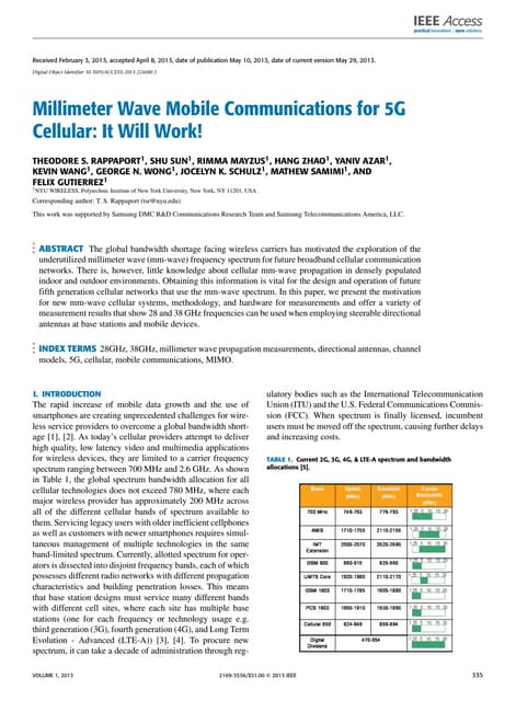 Millimeter wave mobile communications for 5 g Cellular