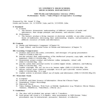 Media and Information Literacy (MIL) Performance Task - Video Project (Cooper...