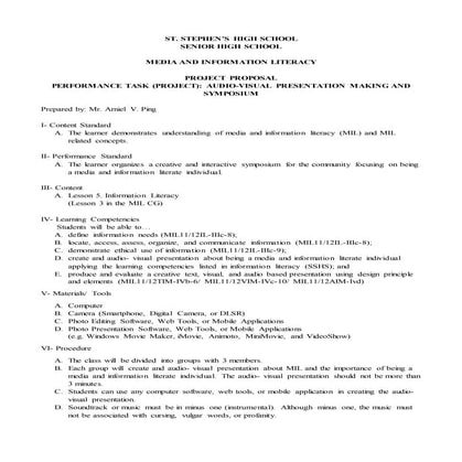 Media and Information Literacy- Performance Task (Project)  Audio- Visual Pre...