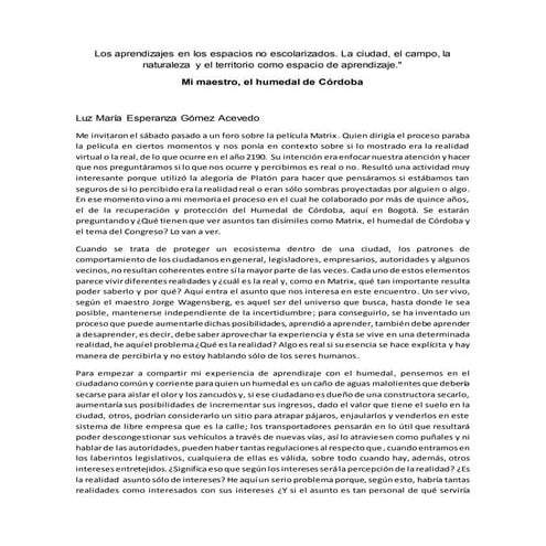 Mi maestro el humedal de Córdoba - Luz María Gómez