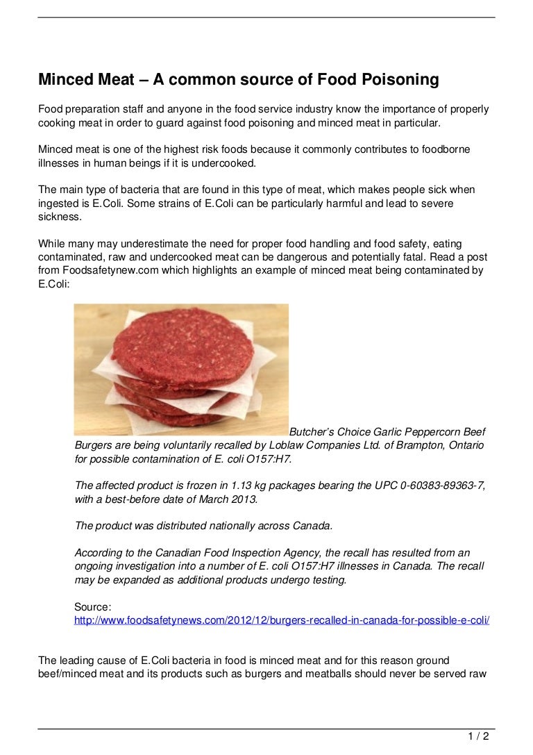 Minced Meat A common source of Food Poisoning