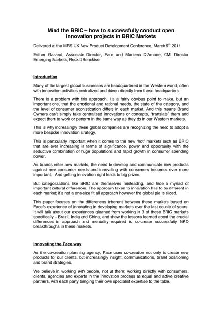 Mind the BRIC - How to successfully conduct open innovation projects in bric markets