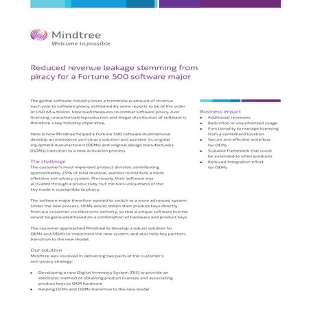 Reduced revenue leakage stemming from piracy for a Fortune 500 software major.