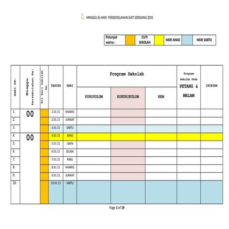Minggu & hari  persekolahan sjkt serdang 2015