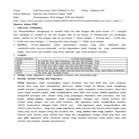 Minggu ke 7 ( operator dalam php)