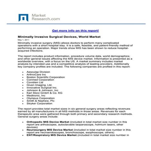 Minimally Invasive Surgical Devices, World Market