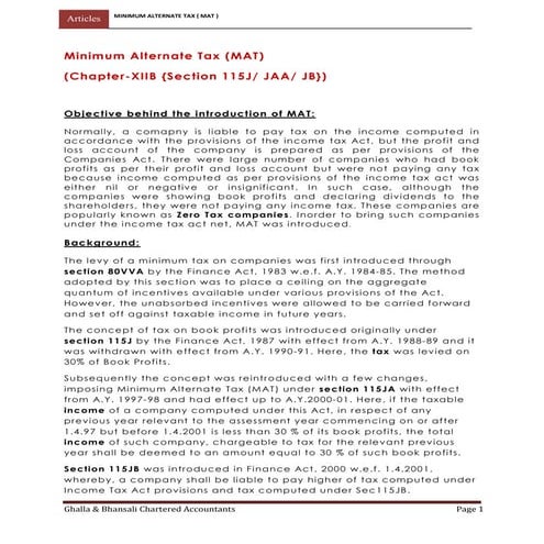 Minimum alternate tax ( mat ) U/S 115JB-YASH JAIN | PDF