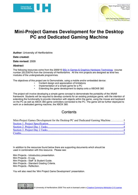 Mini Project- Games Development For The Desktop Pc And Dedicated Gaming Machine