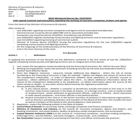 MoCI Ministerial Decree 412 FY13 with regards controls and instructions regul...