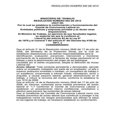 Resolucion Numero 652 De 2012