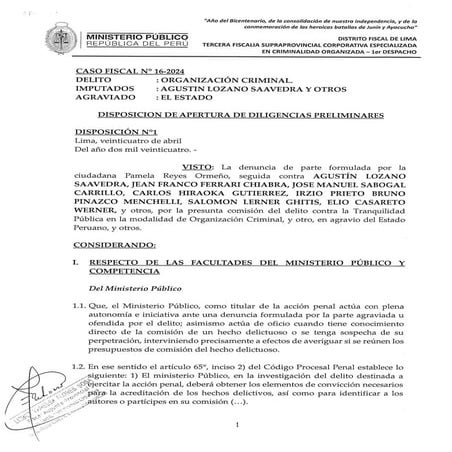Ministerio Público dispone diligencias preliminares por 90 días a presidente...