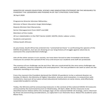 Minister of higher education, science and innovation statement on the measure...