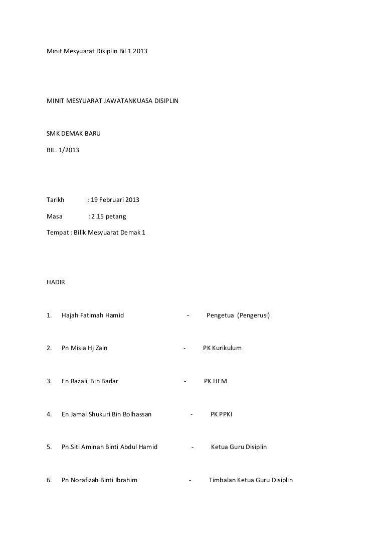 Minit Mesyuarat Disiplin Bil 1 2013