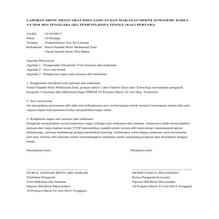 Minit mesyuarat post makanan dan jamuan